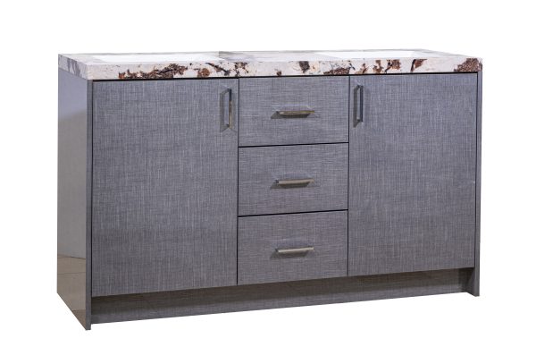 Gray linen finish double vanity with marble countertop, two cabinet doors on sides, and three center drawers with brushed metal hardware