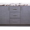 Gray linen textured bathroom vanity with marble top, two side cabinet doors, and three center drawers with metallic handles
