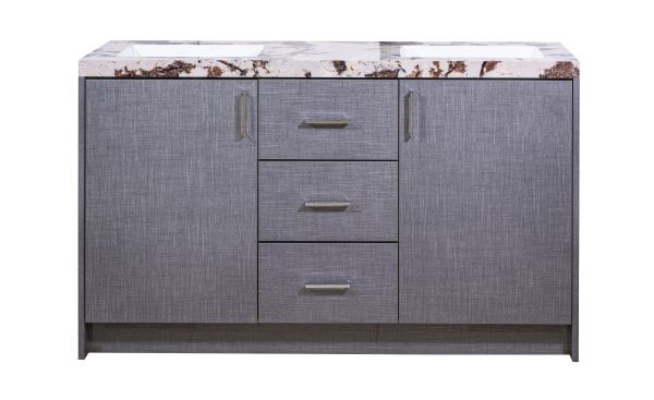 Gray linen textured bathroom vanity with marble top, two side cabinet doors, and three center drawers with metallic handles