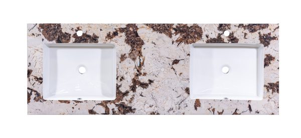 Marble double sink vanity top with white rectangular vessel sinks and decorative brown and white veining