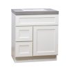 White bathroom vanity with gray countertop featuring one drawer and two cabinet doors in recessed panel design, angled view
