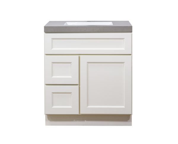 White bathroom vanity cabinet with gray countertop, one drawer and two cabinet doors with recessed panel styling