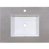 White rectangular bathroom sink with single faucet hole mounted on light gray concrete-look countertop