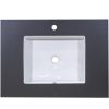 White rectangular bathroom sink with single faucet hole set in dark gray countertop