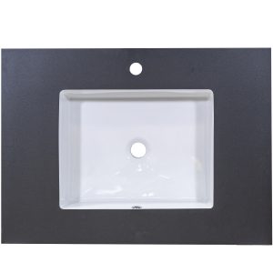 White rectangular bathroom sink with single faucet hole set in dark gray countertop