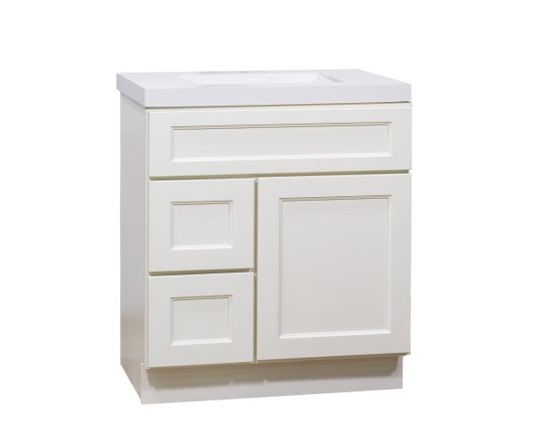 White bathroom vanity with white integrated sink, one top drawer and two lower cabinet doors with brushed nickel hardware