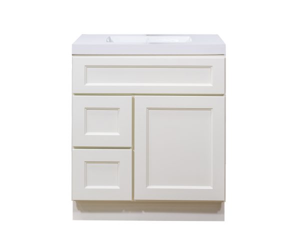 White bathroom vanity cabinet with integrated white sink top, two left drawers and one right door