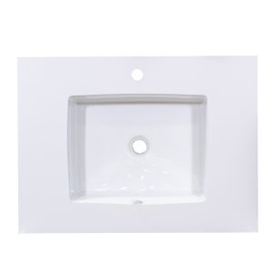 White rectangular bathroom sink with single faucet hole mounted on light gray countertop