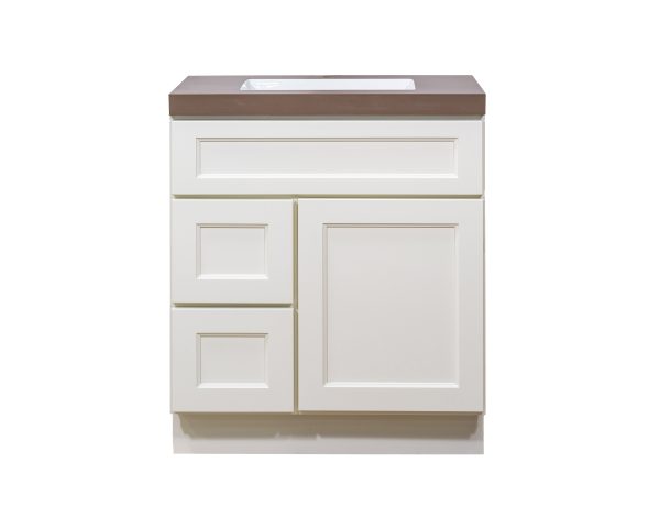 White bathroom vanity cabinet with two drawers and one large door, brown countertop, front view