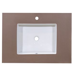Rectangular white ceramic sink basin with single faucet hole mounted on taupe countertop