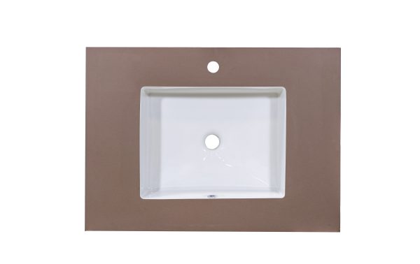 Rectangular white ceramic sink basin with single faucet hole mounted on taupe countertop