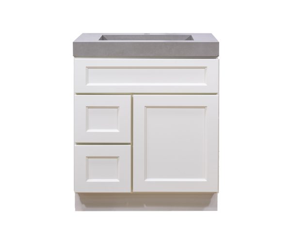 White bathroom vanity cabinet with gray concrete countertop and vessel sink, featuring two center doors and two left side drawers