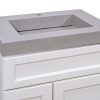 Gray concrete rectangular vessel sink top view with single faucet hole on white vanity cabinet base