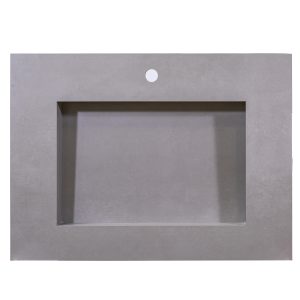 Gray concrete rectangular vessel sink with white faucet hole on plain background