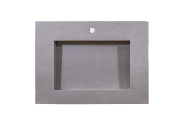 Gray concrete rectangular vessel sink with white faucet hole on plain background