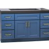 Blue bathroom vanity cabinet with dark countertop, dual center doors with gold handles, and six drawers with gold pulls