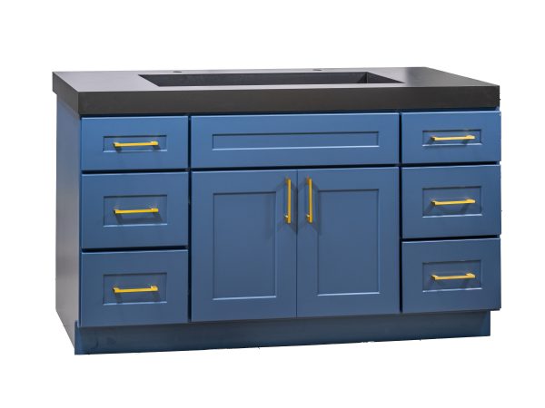 Blue bathroom vanity cabinet with dark countertop, dual center doors with gold handles, and six drawers with gold pulls