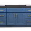 Blue bathroom vanity cabinet with black countertop, two center doors, six side drawers with gold handles and hardware