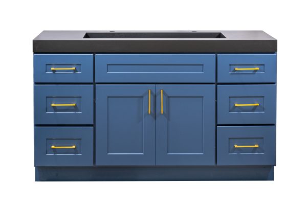 Blue bathroom vanity cabinet with black countertop, two center doors, six side drawers with gold handles and hardware