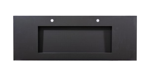 Dark gray rectangular bathroom sink top or countertop with centered basin cutout and two faucet holes