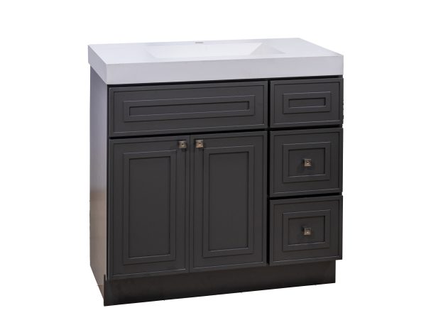 Black bathroom vanity cabinet with white sink top, two doors, one drawer, and three side drawers with bronze handles