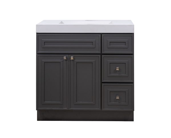 Dark gray bathroom vanity cabinet with white countertop, featuring center double-door cabinet, large top drawer, and two side drawers with bronze handles