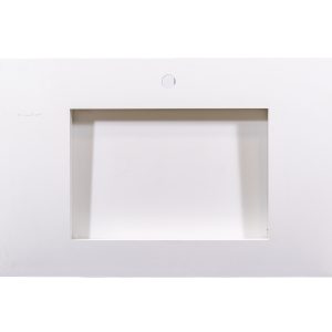 White rectangular framed mirror with mounting holes for bathroom wall installation