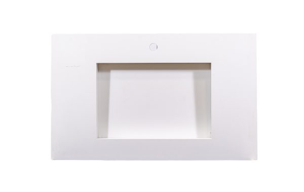 White rectangular framed mirror with mounting holes for bathroom wall installation