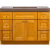 Golden oak bathroom vanity cabinet with brown countertop, featuring central sink area, two-door cabinet base, and six drawers with chrome handles