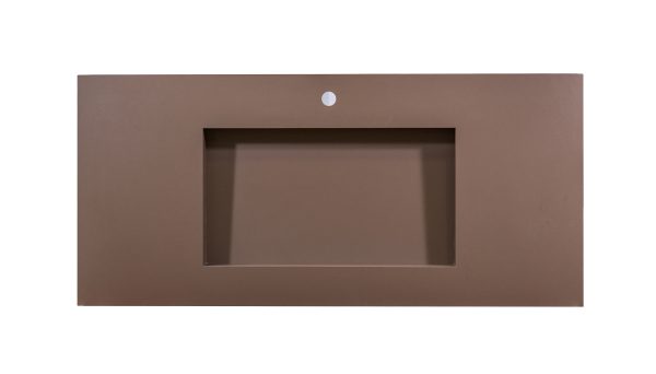 Brown rectangular bathroom sink countertop with recessed basin and faucet hole