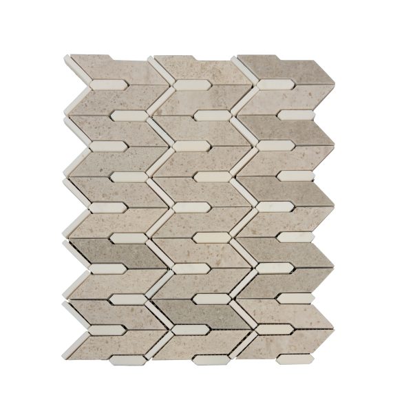 Beige and cream marble chevron mosaic tile with elongated octagon accent pieces