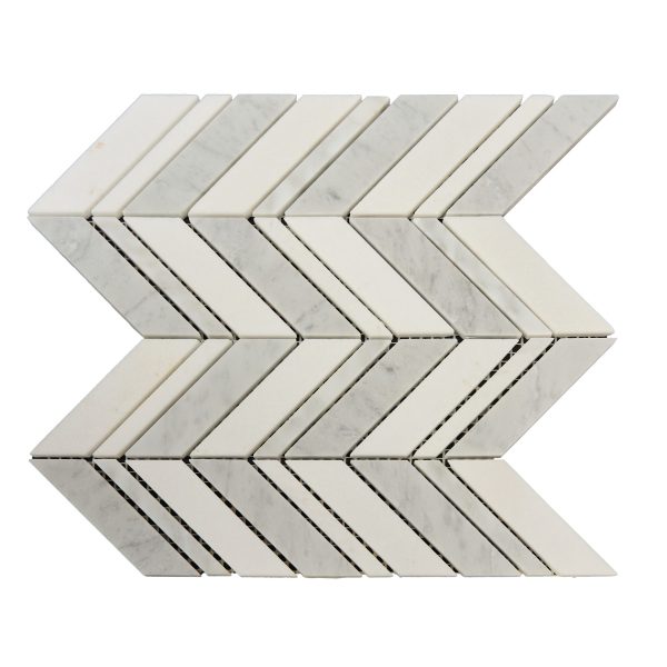 Light marble chevron mosaic tile pattern with alternating white and gray angled pieces