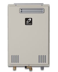 Outdoor tankless water heater with vertical vent pipe and side vents