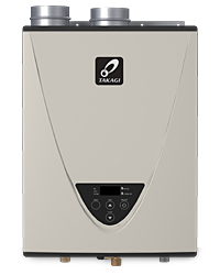 Tankless water heater with digital control panel and dual exhaust vents