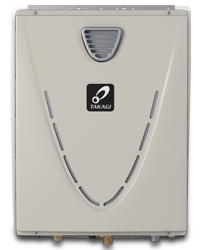 Tankless water heater unit with white exterior, gray venting pipes, and black brand logo