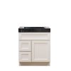 White bathroom vanity with black marble countertop, single door cabinet, and two left-side drawers