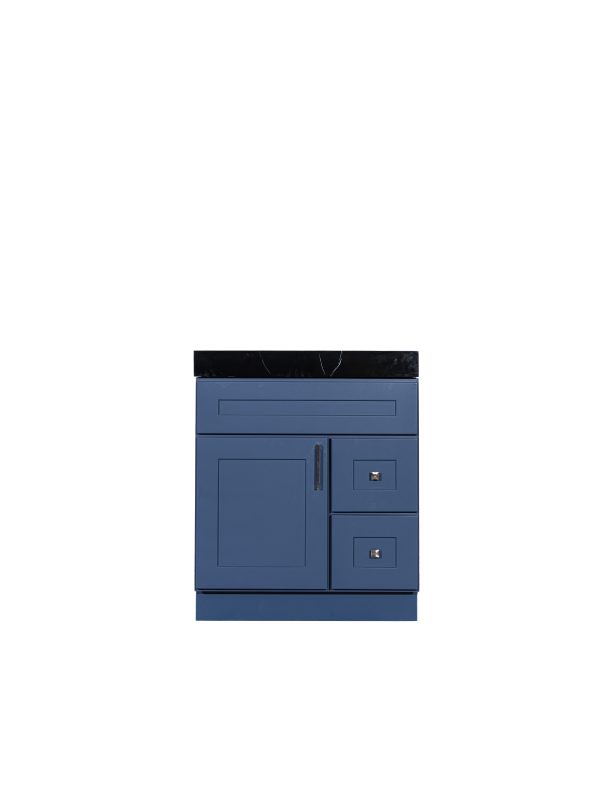 Blue-gray bathroom vanity with black marble countertop, single door cabinet, and two right-side drawers