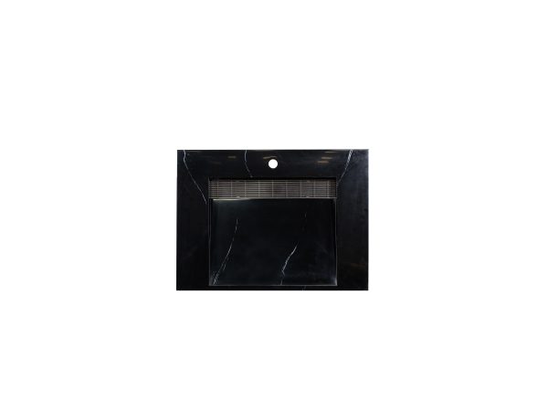 Black marble vessel sink top with chrome faucet mounting holes