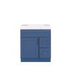Blue bathroom vanity cabinet with single door, two drawers on right side, and white marble countertop