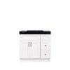 White bathroom vanity cabinet with black marble countertop, double doors, and right-side drawers