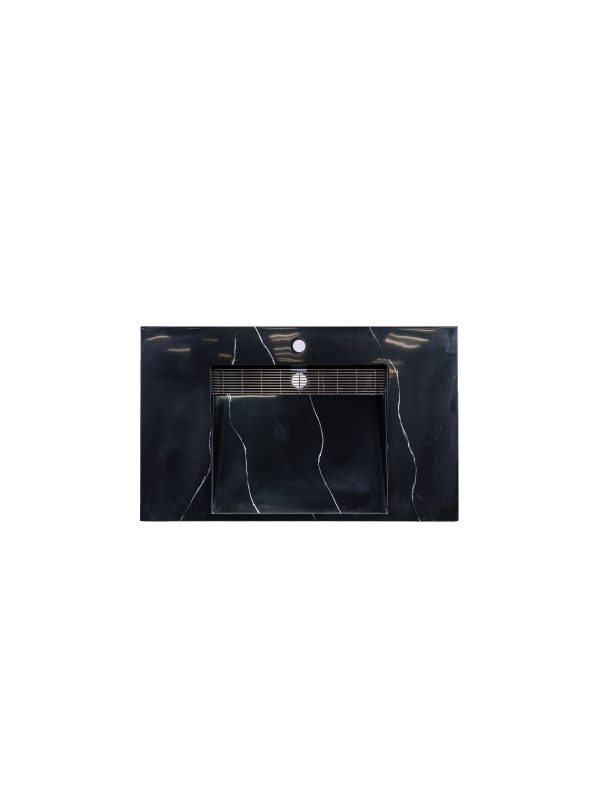 Black marble rectangular undermount sink with polished chrome trim and mounting hardware