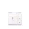 White bathroom vanity cabinet with double doors, two drawers on right side, and white marble countertop