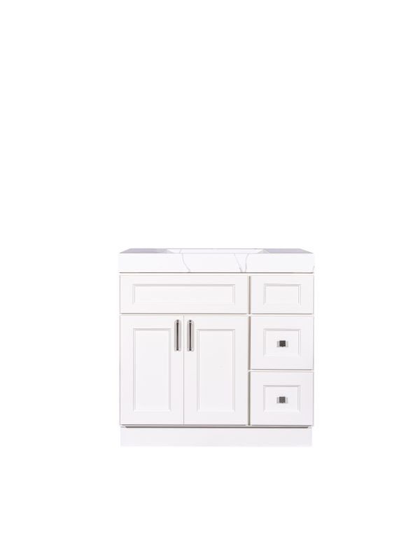 White bathroom vanity cabinet with double doors, two drawers on right side, and white marble countertop