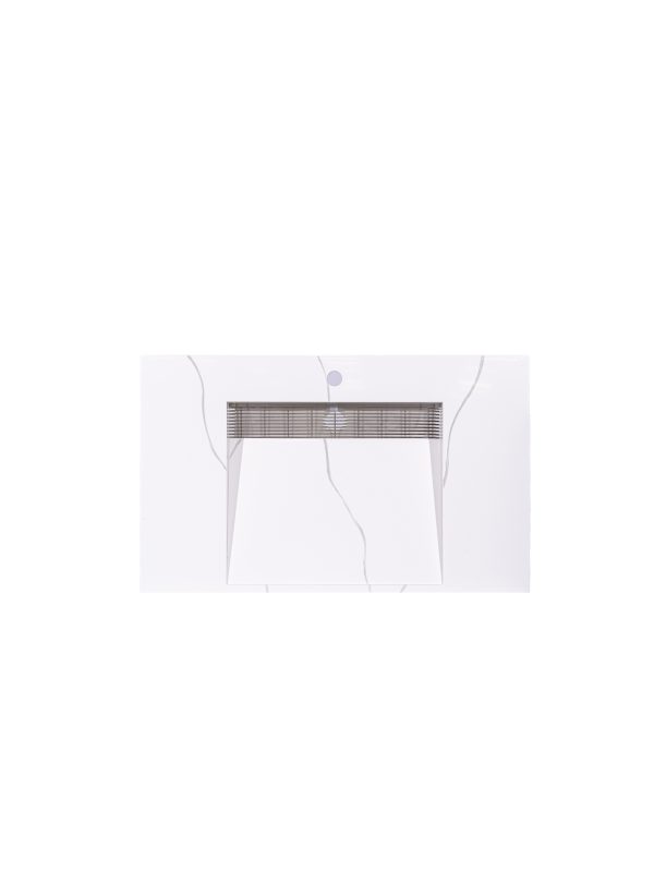 Top-down view of white bathroom vanity sink showing parallel drain grates and faucet opening