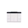 White shaker style bathroom vanity with black marble top and integrated sink, double door cabinet