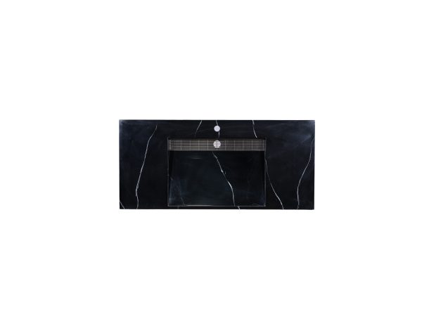 Black marble undermount bathroom sink with integrated drain and chrome faucet mounting area