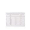 Front-facing white shaker bathroom vanity with three central doors and surrounding drawers