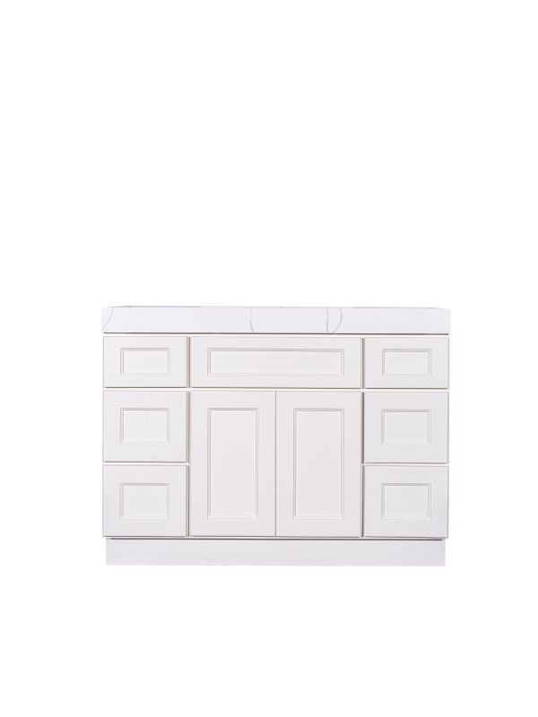 Front-facing white shaker bathroom vanity with three central doors and surrounding drawers