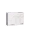 White shaker-style bathroom vanity cabinet with multiple drawers and central doors