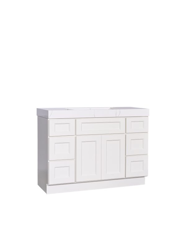 White shaker-style bathroom vanity cabinet with multiple drawers and central doors